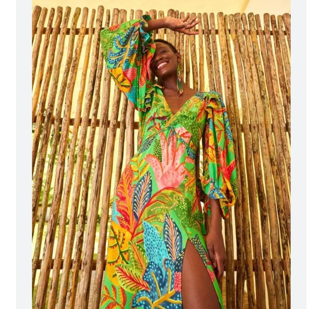 Farm Rio SZ SM Forest Dream Tropical Botanical Midi‎ Dress Green Puff Sleeve